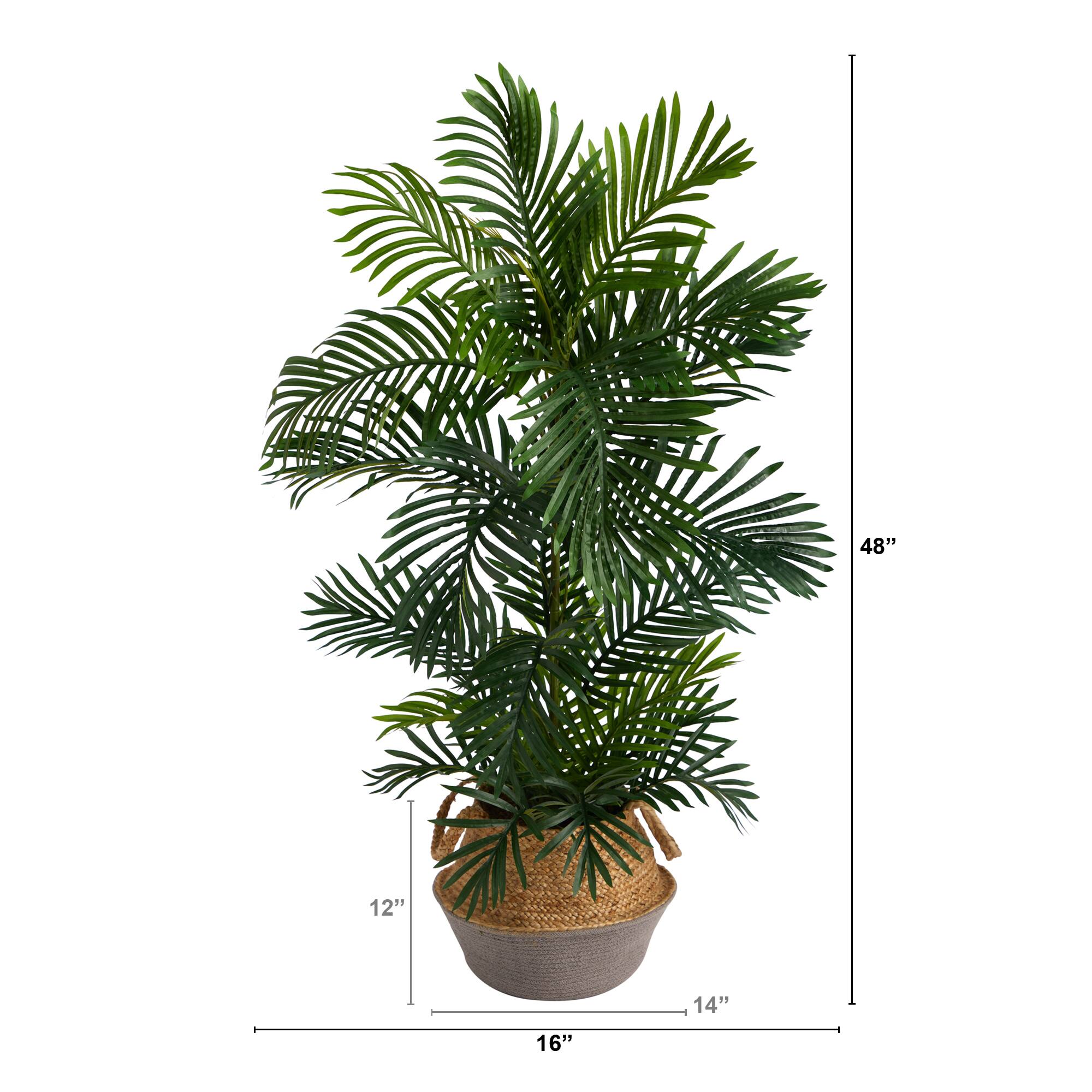 4ft. Areca Artificial Palm Tree in Boho Chic Handmade Cotton & Jute Gray Woven Planter UV Resistant (Indoor/Outdoor)